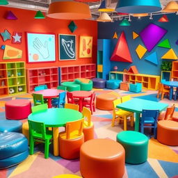 A vibrant children's playroom filled with colorful furniture, interactive wall panels, and geometric shapes