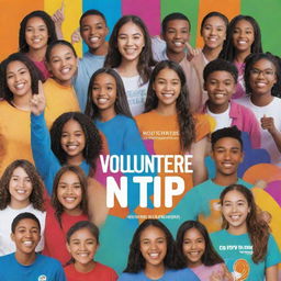 A vibrant and inspiring poster promoting volunteering for NSTP. Featuring energetic youths, diverse characters, bright colors, bold text with the words 'Volunteer for NSTP' and imagery symbolizing community service.