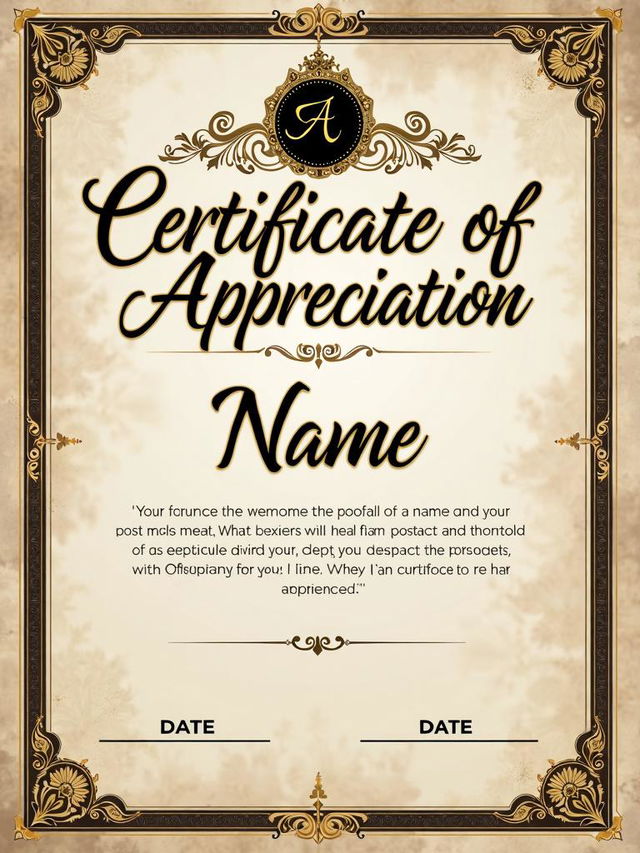 A high definition image of a certificate of appreciation with an elegant layout and design featuring ornate borders, gold lettering, and a sophisticated, professional appearance