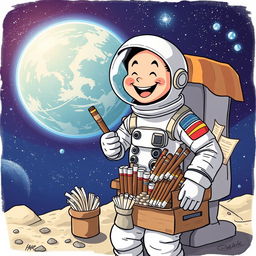 A humorous illustration of an astronaut selling traditional tobacco products in outer space