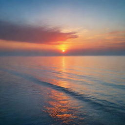 A breathtaking sunset over a calm sea on a misty afternoon, with radiant hues of orange, red and gold melting into soft shades of blue.