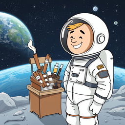 A humorous illustration of an astronaut selling traditional tobacco products in outer space