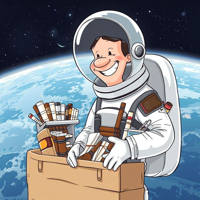 A humorous illustration of an astronaut selling traditional tobacco products in outer space