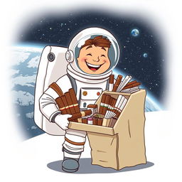 A humorous illustration of an astronaut selling traditional tobacco products in outer space