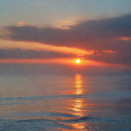 A breathtaking sunset over a calm sea on a misty afternoon, with radiant hues of orange, red and gold melting into soft shades of blue.