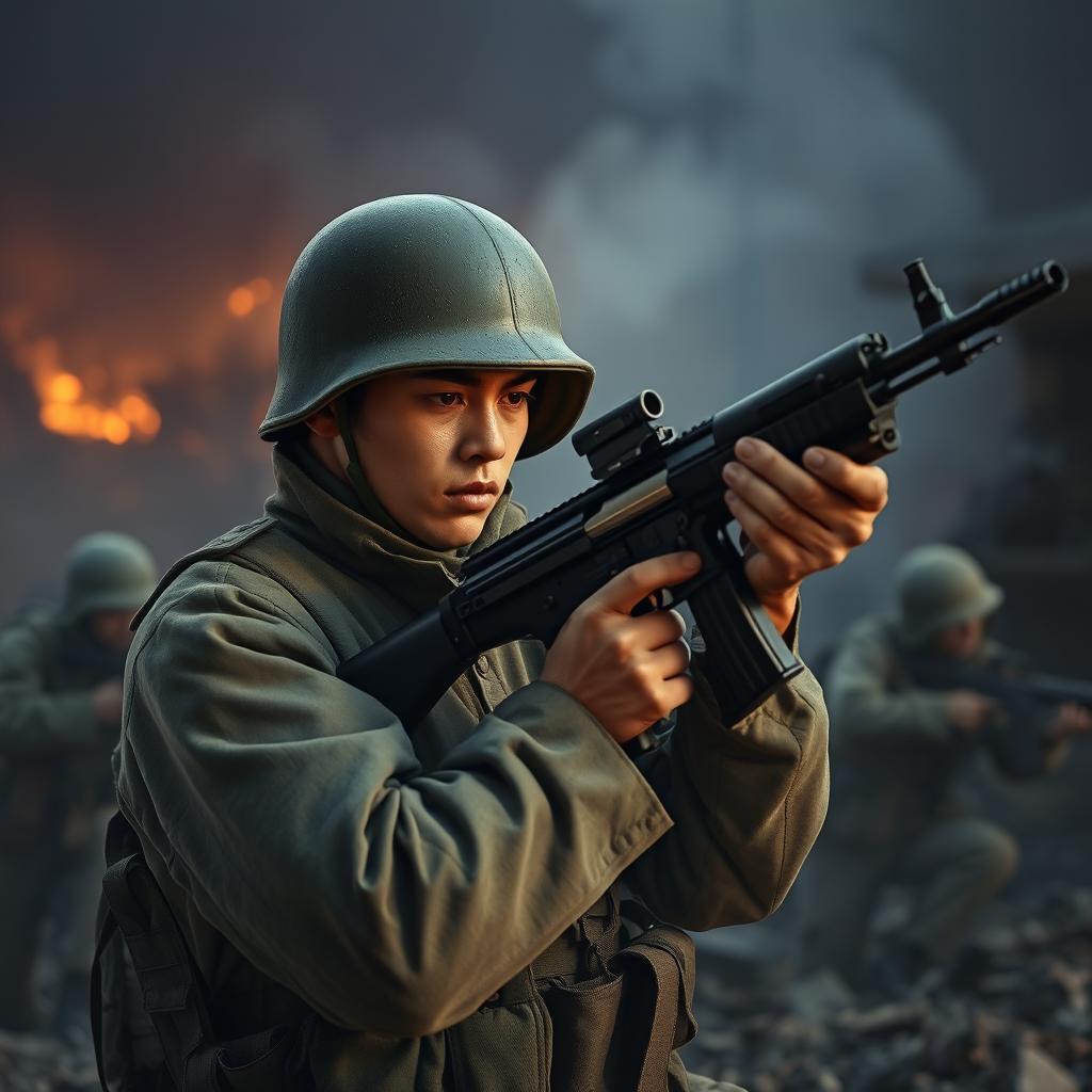 A soldier in a battlefield holding a Type-2A submachine gun, surrounded by the intense atmosphere of a battle