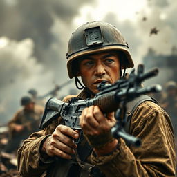 A soldier in a battlefield holding a Type-2A submachine gun, surrounded by the intense atmosphere of a battle