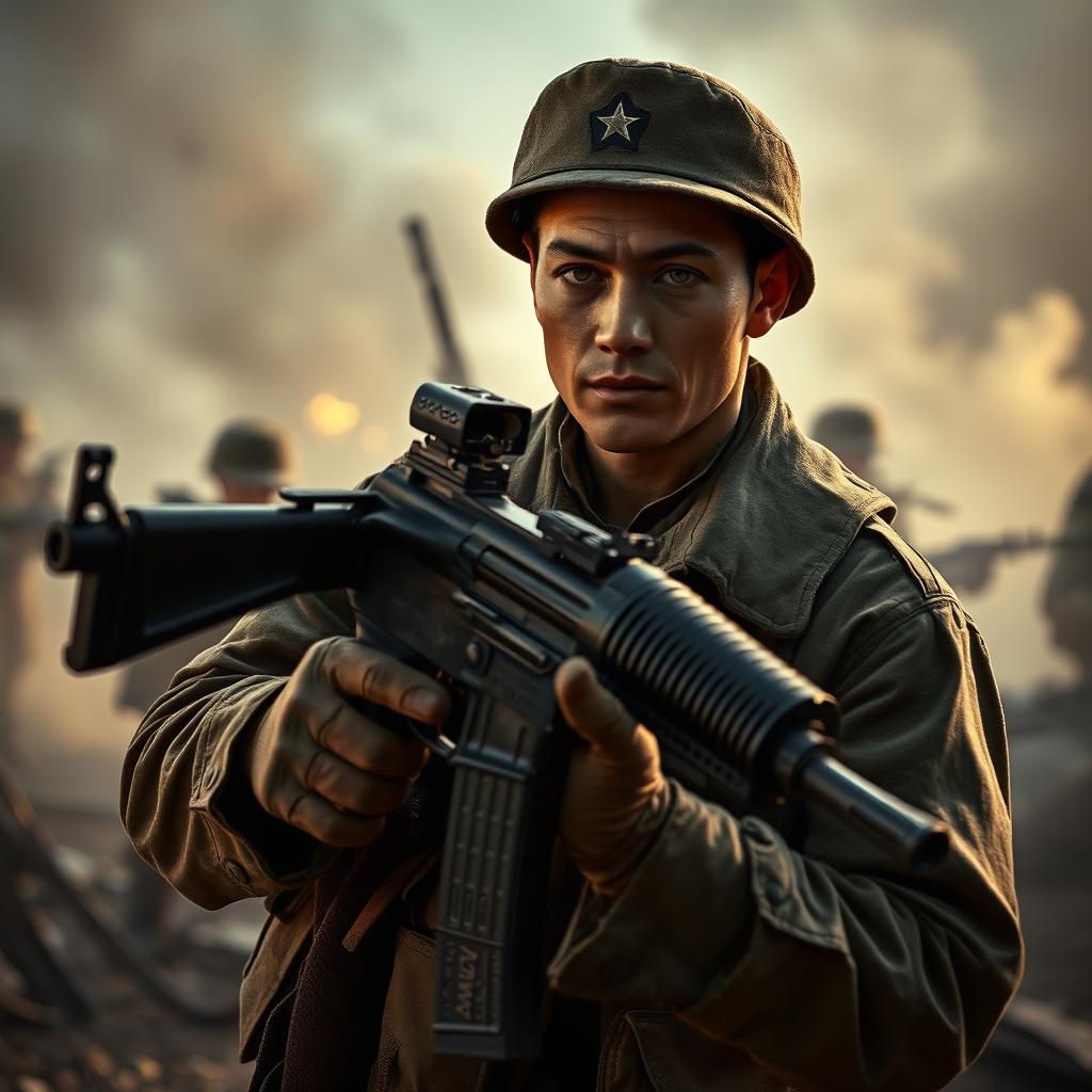 A soldier in a battlefield holding a Type-2A submachine gun, surrounded by the intense atmosphere of a battle