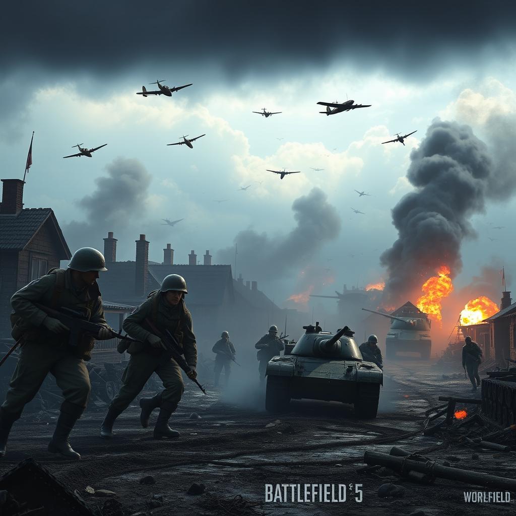 A dramatic and intense World War II battlefield scene inspired by Battlefield 5