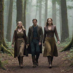 Final scene depicting Lila, Captain Steele and Isabella departing the Eldorian Forest, transformed by the adventure, vowing to safeguard the city's secrets. Capture them as newfound guardians of history in a changed demeanor.