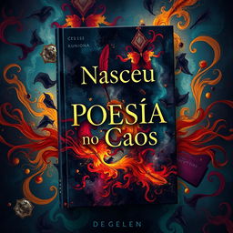 A captivating book cover design featuring the title 'Nasceu Poesia no Caos' in elegant, bold letters