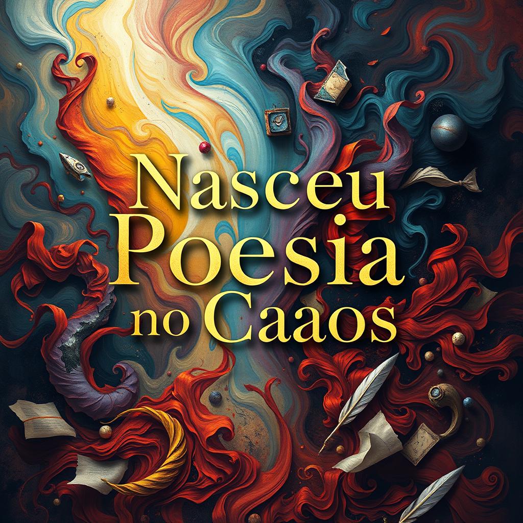 A captivating book cover design featuring the title 'Nasceu Poesia no Caos' in elegant, bold letters