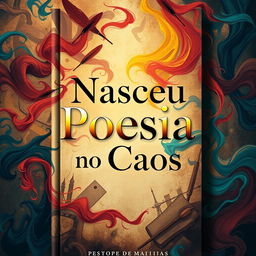 A captivating book cover design featuring the title 'Nasceu Poesia no Caos' in elegant, bold letters