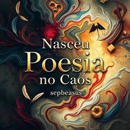 A captivating book cover design featuring the title 'Nasceu Poesia no Caos' in elegant, bold letters