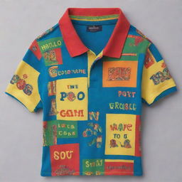 A colorful polo shirt with vibrant carnival designs and a festive phrase.