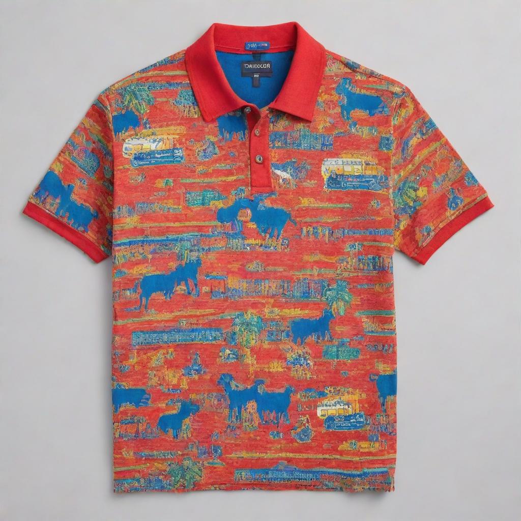 A colorful polo shirt with vibrant carnival designs and a festive phrase.