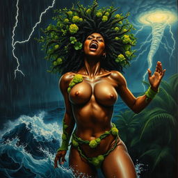 A polished oil-based painting illustrates a full-body aerial view of an epic, enraged, and fierce black-skinned woman with a vibrant bright green moss afro