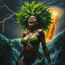 A polished oil-based painting illustrates a full-body aerial view of an epic, enraged, and fierce black-skinned woman with a vibrant bright green moss afro