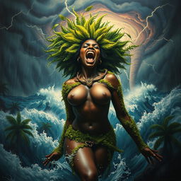 A polished oil-based painting illustrates a full-body aerial view of an epic, enraged, and fierce black-skinned woman with a vibrant bright green moss afro