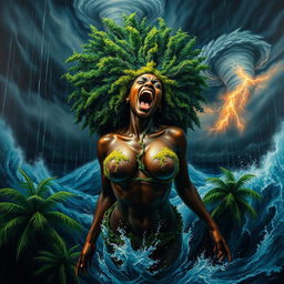 A polished oil-based painting illustrates a full-body aerial view of an epic, enraged, and fierce black-skinned woman with a vibrant bright green moss afro