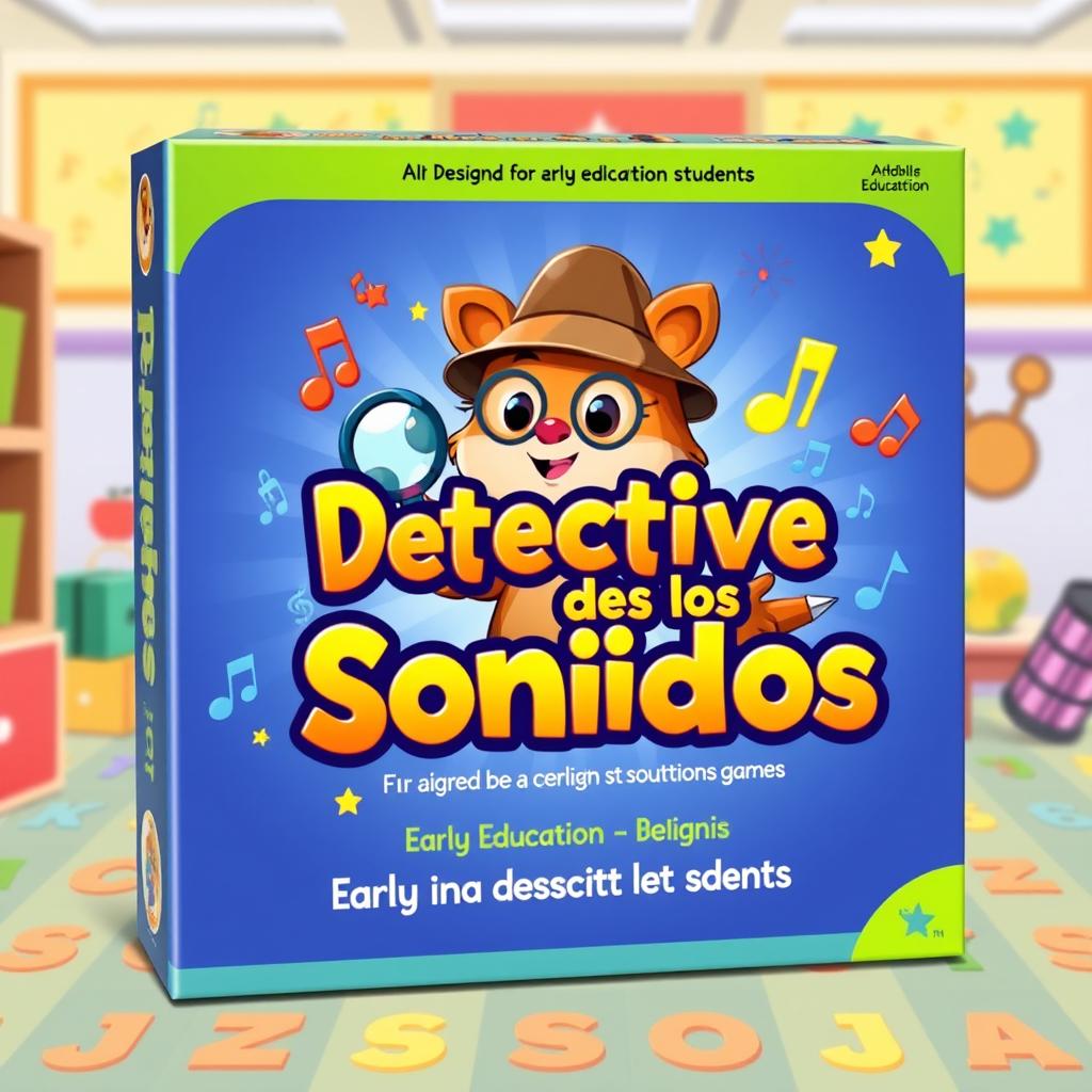 A vibrant and engaging game cover titled "Detective de los Sonidos" designed for early education students