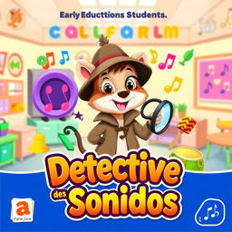 A vibrant and engaging game cover titled "Detective de los Sonidos" designed for early education students