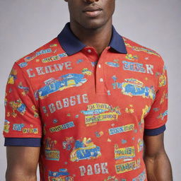 A colorful polo shirt with vibrant carnival designs and a festive phrase.