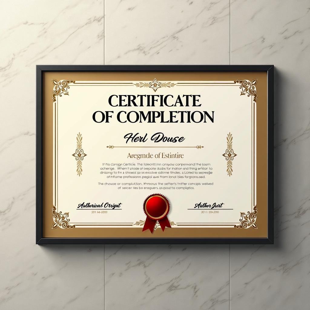 A high-definition image of a certificate of completion featuring an elegant and professional design layout