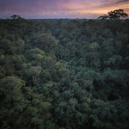 Stunning image of a wild, dense jungle in the heart of the Amazon, bathed in the mysterious twilight glow.