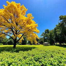 A vibrant yellow Tabebuia tree (ipê amarelo) in full bloom, standing tall against a clear blue sky