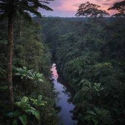 Stunning image of a wild, dense jungle in the heart of the Amazon, bathed in the mysterious twilight glow.