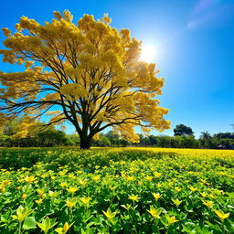 A vibrant yellow Tabebuia tree (ipê amarelo) in full bloom, standing tall against a clear blue sky