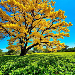 A vibrant yellow Tabebuia tree (ipê amarelo) in full bloom, standing tall against a clear blue sky