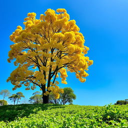 A vibrant yellow Tabebuia tree (ipê amarelo) in full bloom, standing tall against a clear blue sky