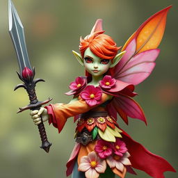 A genderless fairy warrior standing at 4 feet tall, showcasing a vibrant flower-themed outfit