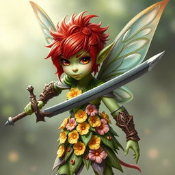 A genderless fairy warrior standing at 4 feet tall, showcasing a vibrant flower-themed outfit