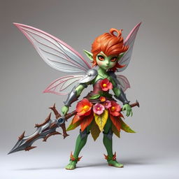 A genderless fairy warrior standing at 4 feet tall, showcasing a vibrant flower-themed outfit