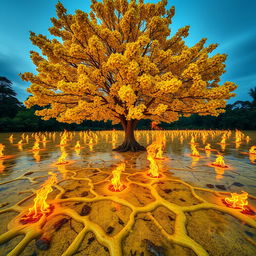 A vibrant yellow Tabebuia tree (ipê amarelo) in full bloom, standing majestically