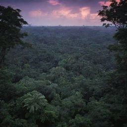 Stunning image of a wild, dense jungle in the heart of the Amazon, bathed in the mysterious twilight glow.