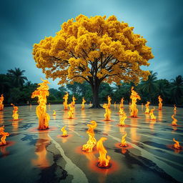 A vibrant yellow Tabebuia tree (ipê amarelo) in full bloom, standing majestically