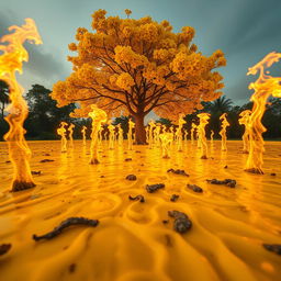 A vibrant yellow Tabebuia tree (ipê amarelo) in full bloom, standing majestically