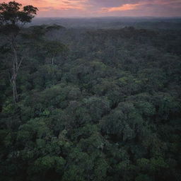 Stunning image of a wild, dense jungle in the heart of the Amazon, bathed in the mysterious twilight glow.