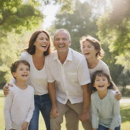 A happy family of five, with various ages, laugh and enjoying a sunny day in a beautiful park.