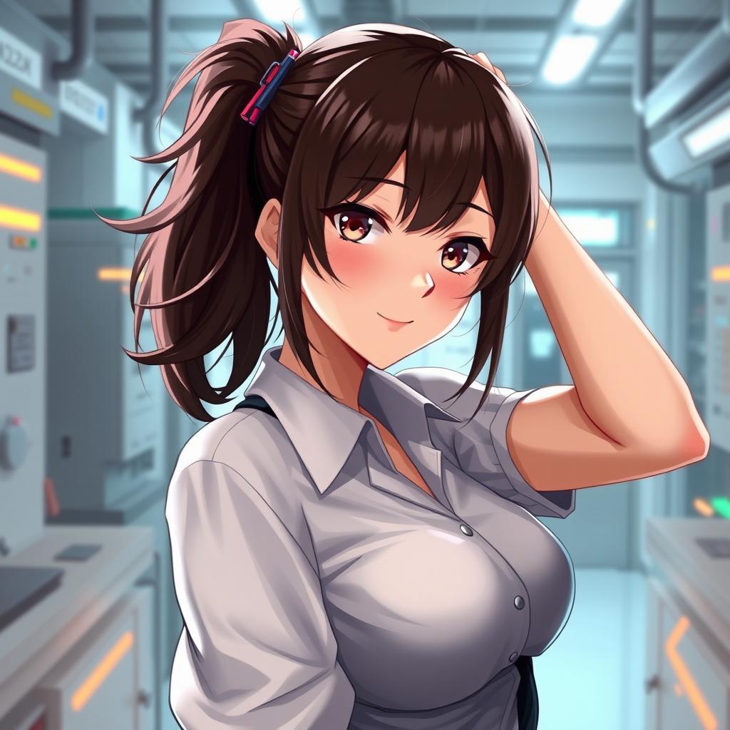 A digital artwork of a character resembling Kurisu from the anime Steins;Gate, posing playfully with a confident and flirtatious expression, emphasizing her allure