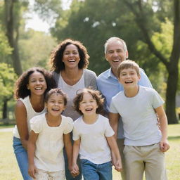 A happy family of five, with various ages, laugh and enjoying a sunny day in a beautiful park.