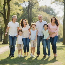 A happy family of five, with various ages, laugh and enjoying a sunny day in a beautiful park.