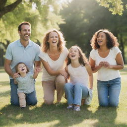 A happy family of five, with various ages, laugh and enjoying a sunny day in a beautiful park.