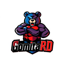 A vibrant and masculine logo for "GomitaRD", incorporating bold colors and strong typography