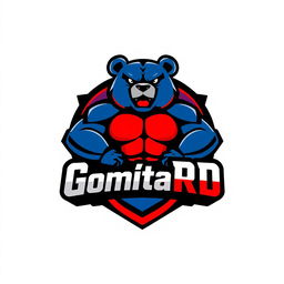 A vibrant and masculine logo for "GomitaRD", incorporating bold colors and strong typography