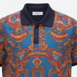 A colorful polo shirt featuring intricate designs inspired by the vibrant Cajamarca Carnival in Peru